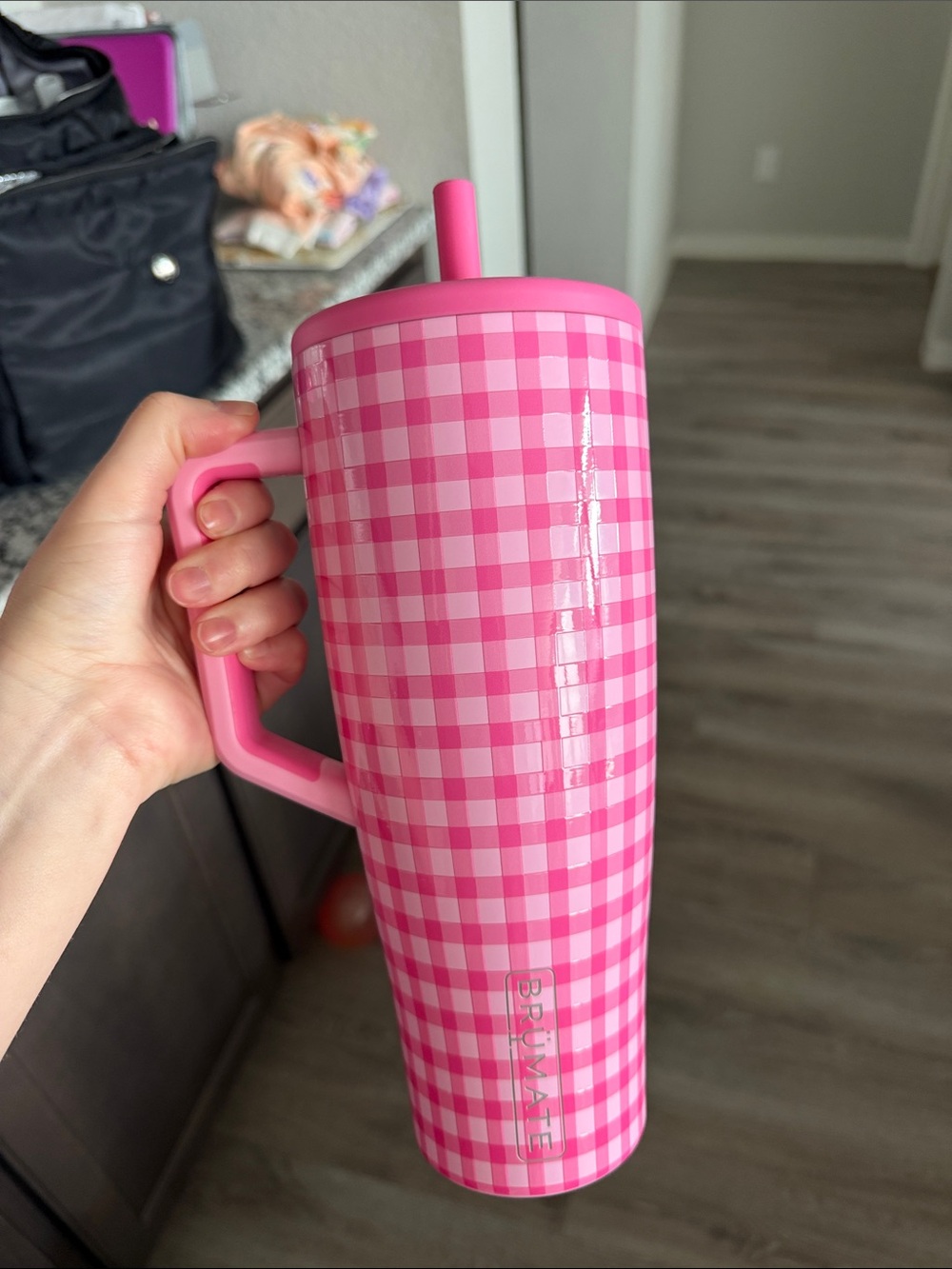 Pink Gingham Insulated Travel Tumbler with Handle and Straw
